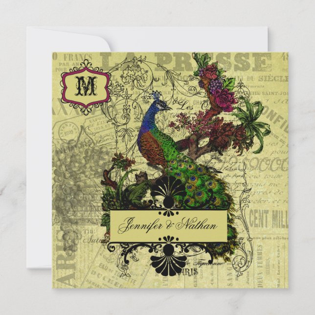Convite Vintage Peacock Square Weditation (Frente)