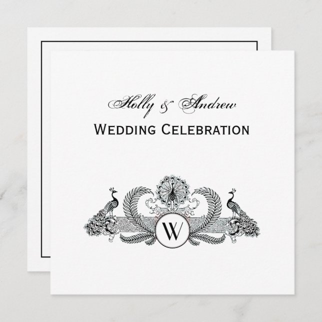 Convite Vintage Peacocks Monograma (Frente/Verso)