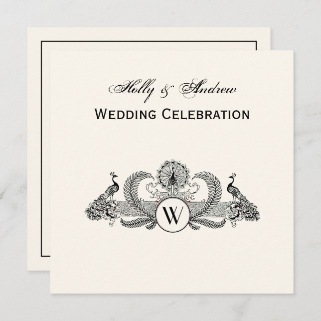 Convite Vintage Peacocks Monograma Ivory BG (Frente/Verso)