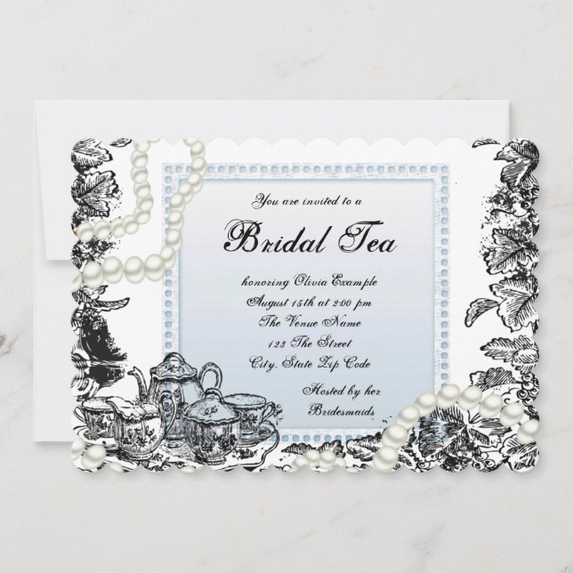 Convite Vintage Pearls Blue Bridal Tea (Frente)