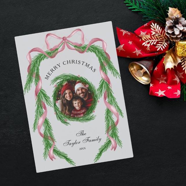 Convite Vintage Photo Pink Ribbon Wreath Feliz Natal (Criador carregado)