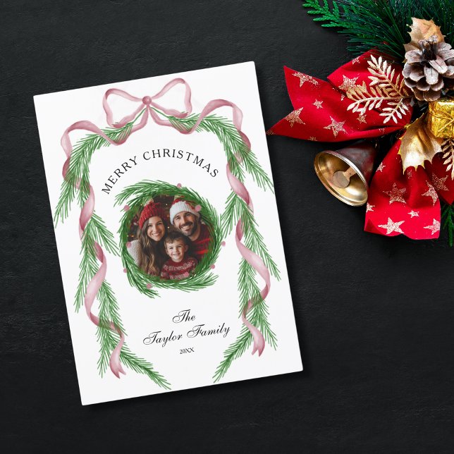 Convite Vintage Photo Pink Ribbon Wreath Feliz Natal (Criador carregado)