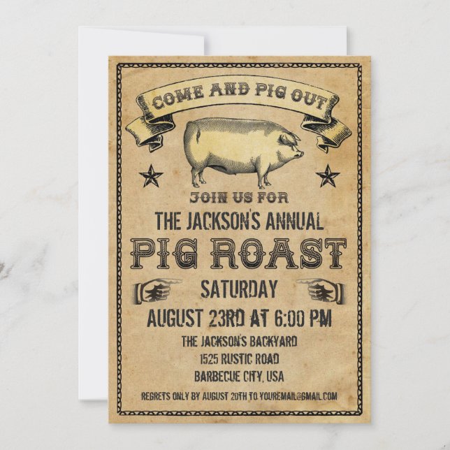 Convite Vintage Pig Roast Invation (Frente)