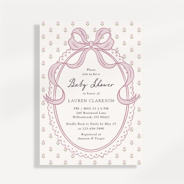 Convite Vintage Pink Bow Frame Baby Shower Invitation (Criador carregado)