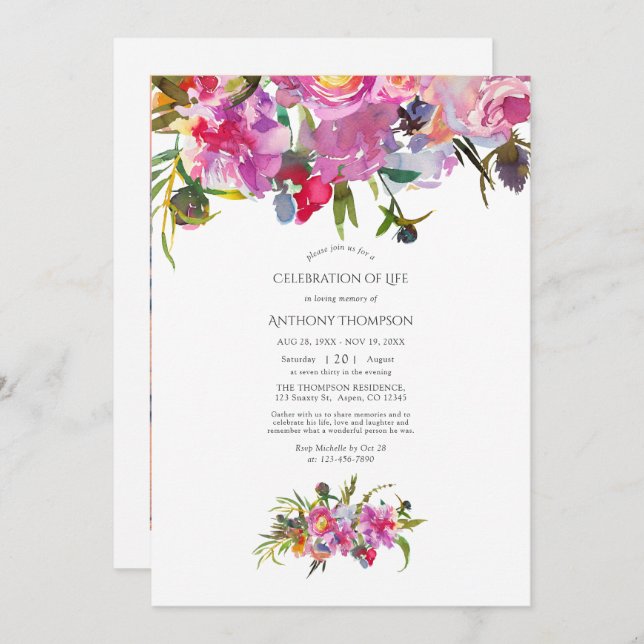 Convite Vintage Pink Celebração Floral da Vida (Frente/Verso)