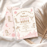 Convite Vintage Pink CowGirl First Rodeo primeiro aniversa<br><div class="desc">Vintage Pink CowGirl First Rodeo primeiro aniversario Convite para o primeiro aniversário de rodeio, feito em castanho e cor-de-rosa, com paisagens cor-de-rosa, botas e chapéus de cowgirl, crânio, lua e sol. Esta sela ocidental, que anda no primeiro convite de aniversário para uma menina, é ideal para um país do sudoeste...</div>