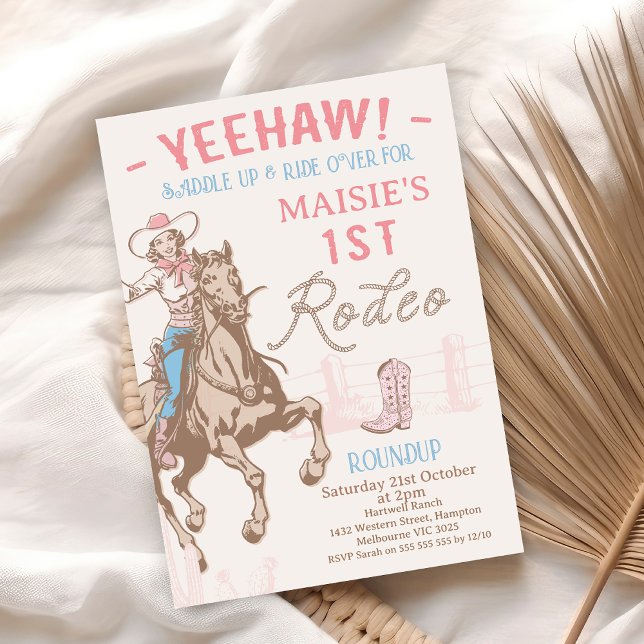 Convite Vintage Pink CowGirl First Rodeo primeiro aniversa (Vintage Girls First Rodeo Birthday Invitation, 1st Rodeo 1st Birthday Invite, Cowgirl Horse Western)