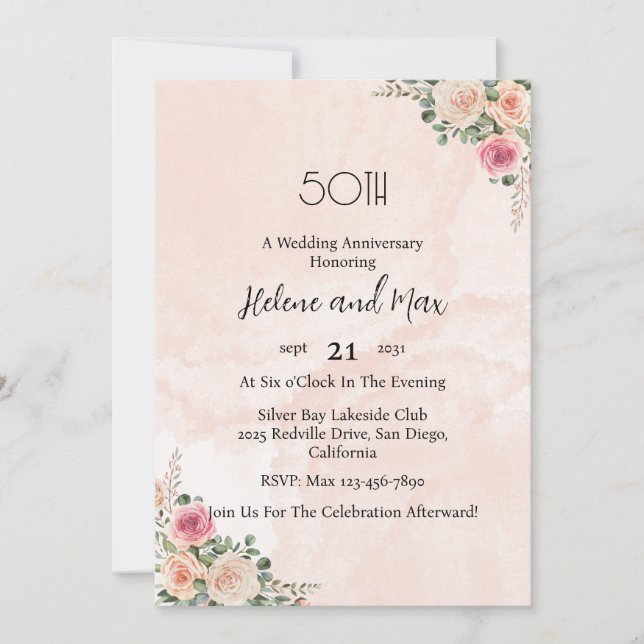 Convite Vintage Pink Cream Floral Wedding Anniversary  (Frente)