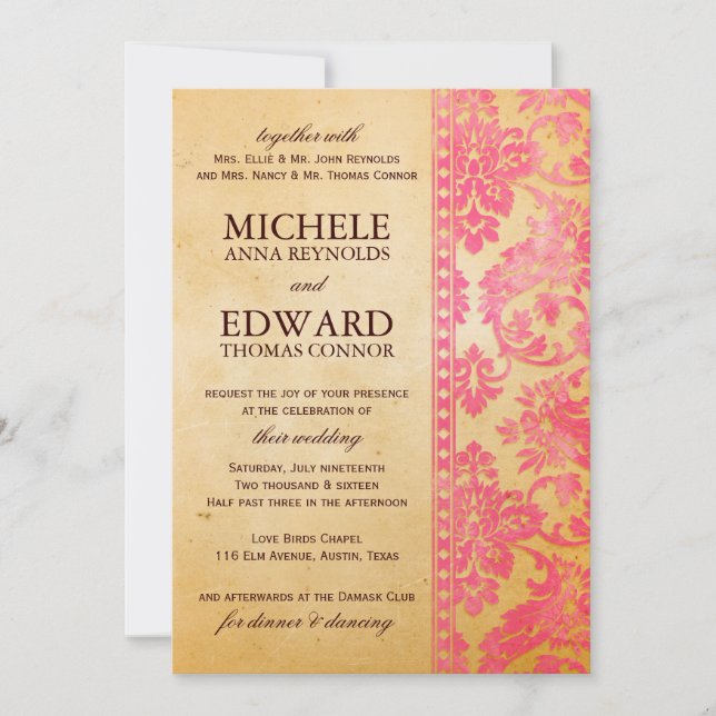 Convite Vintage Pink Damask Lace Casamento (Frente)