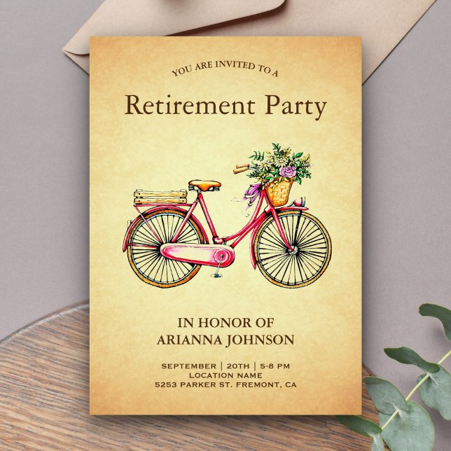 Convite Vintage Pink Floral Bicycle Retirement Party (Criador carregado)