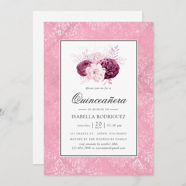 Convite Vintage Pink Floral Quinceañera (Frente/Verso)