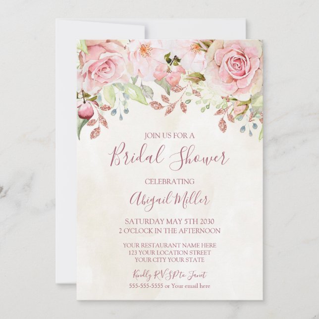 Convite Vintage Pink Floral Spring Bridal Shower (Frente)