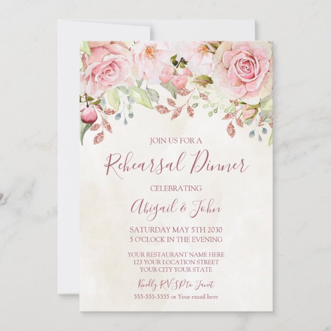 Convite Vintage Pink Floral Spring Rehearsal Dinner (Frente)