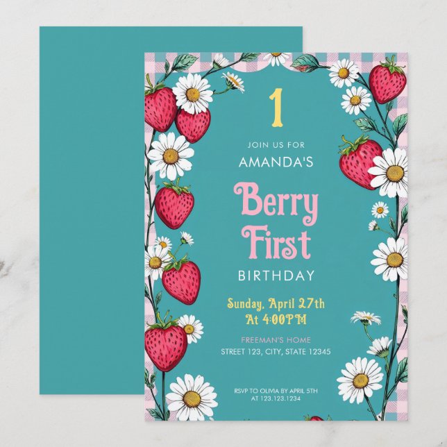 Convite Vintage Pink Gingham & Strawberry primeiro anivers (Frente/Verso)