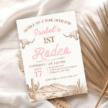Convite Vintage Pink Girls First Rodeo primeiro aniversari<br><div class="desc">Vintage Pink Girls First Rodeo primeiro aniversario Invitation Girl's vintage first aniversário rodeo convite com duas vacas mais longas,  uma cena desértica e texto estilo corda. A idade é editável no fazer deste rodeio chamado de aniversário adequado para qualquer idade.</div>