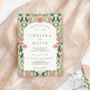 Convite Vintage Pink Green Floral William Morris Wedding
