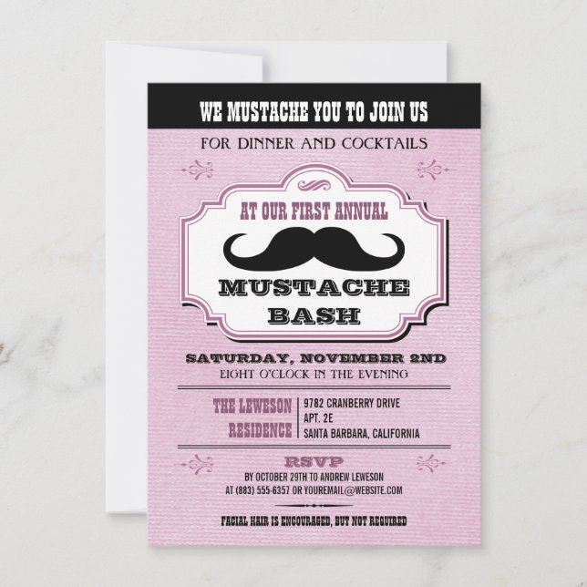 Convite Vintage Pink Mustache Bash (Frente)
