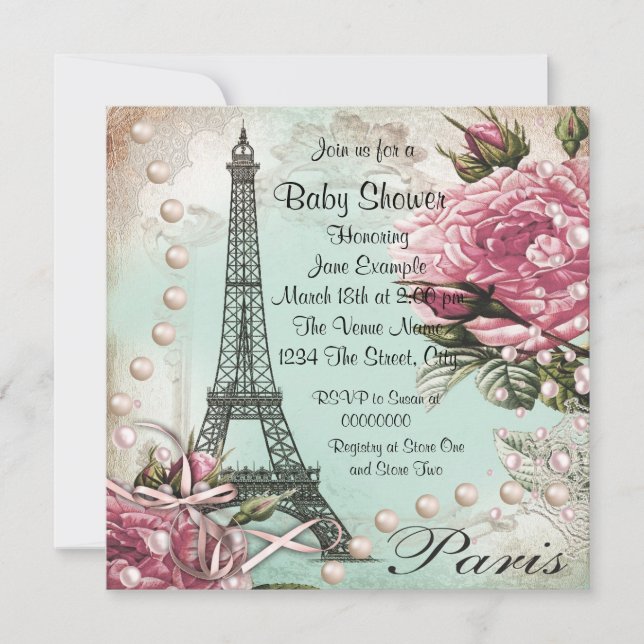Convite Vintage Pink Paris Baby Shower Invations (Frente)