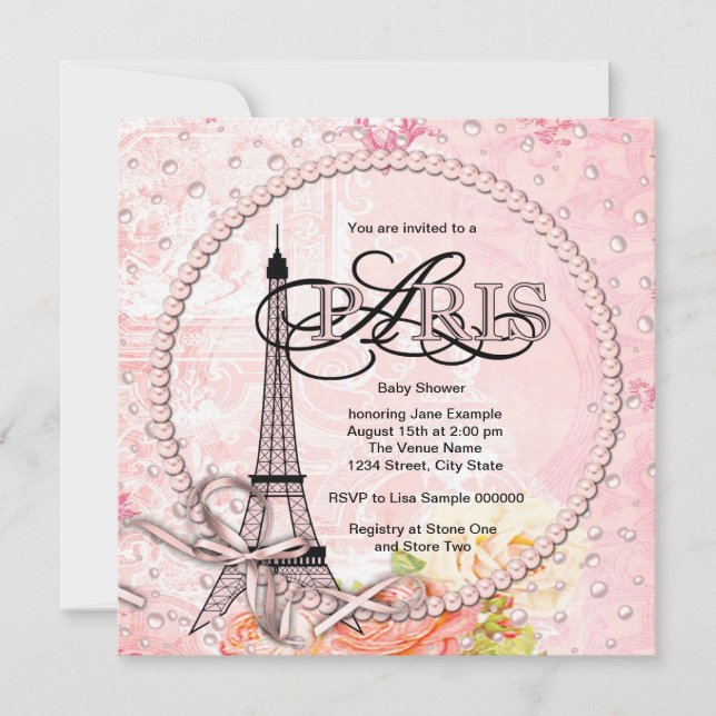 Convite Vintage Pink Paris Baby Shower Invations (Frente)