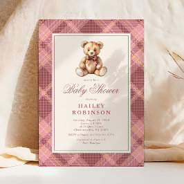Convite Vintage Pink Plaid Teddy Bear Baby Shower