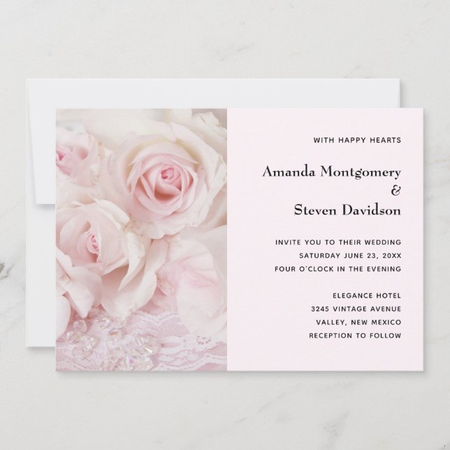 Convite Vintage Pink Roses & Elegant Lace - Casamento (Frente)