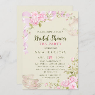 Convite Vintage Pink Roses Floral Bridal Shower Tea Party