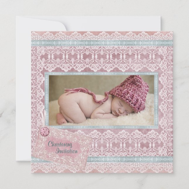 Convite Vintage Pink Teal Baby Girl Foto Christening (Frente)