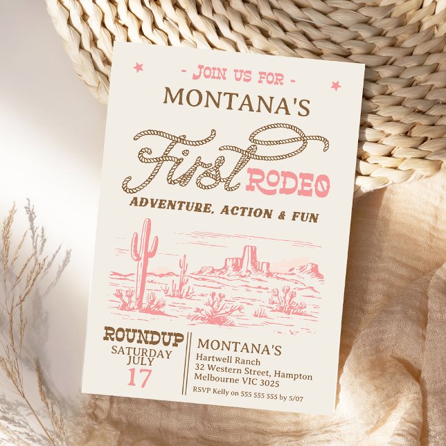 Convite Vintage Pink Western Desert Rodeo primeiro anivers (Vintage First Rodeo 1st Birthday Invitation Girl, 1st Rodeo Birthday Invite, Cowgirl Western)