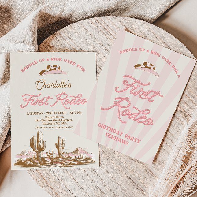 Convite Vintage Pink Western First Rodeo primeiro aniversa (Girls First Rodeo 1st Birthday Invitation, My First Rodeo Cowgirl Southwestern Ranch Wild West)
