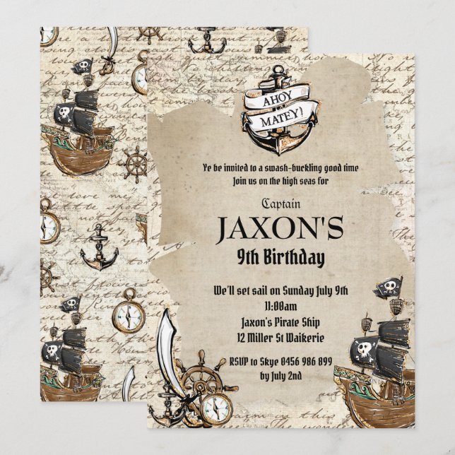 Convite Vintage Pirate Festa de aniversário Ahoy Matey Ant (Frente/Verso)