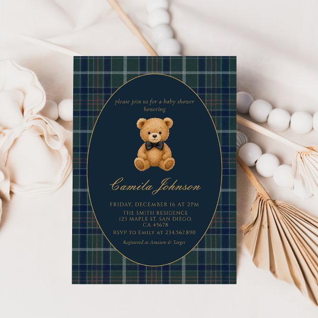 Convite Vintage Plaid Teddy Bear Baby Shower Invitation (Criador carregado)
