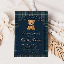 Convite Vintage Plaid Teddy Bear Luxury Baby Shower