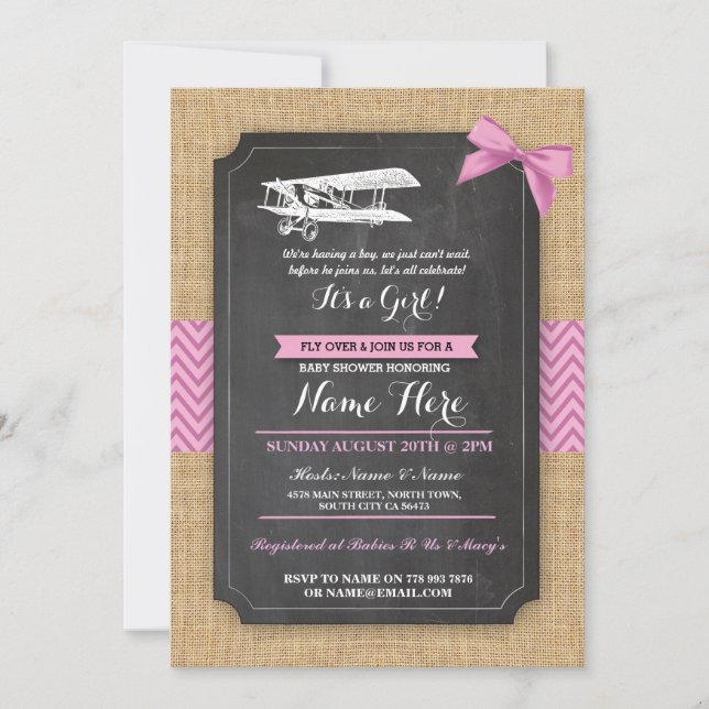 Convite Vintage Plane Chá de fraldas Party Girl Wood Convi (Frente)