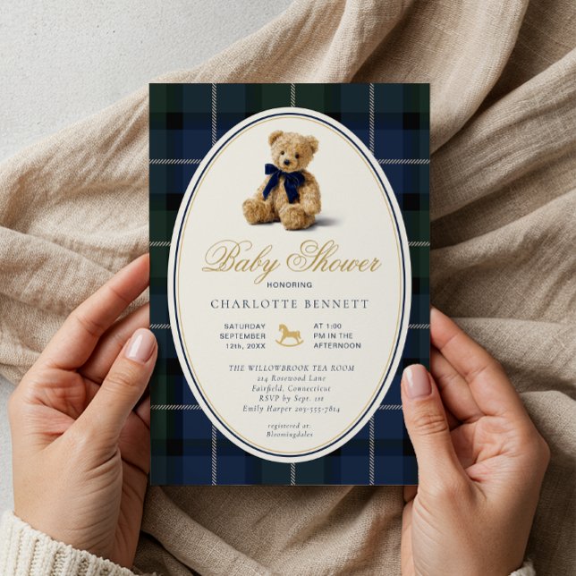 Convite Vintage Polo Teddy Bear Plaid Baby Shower (Timeless Baby Shower Invitation)