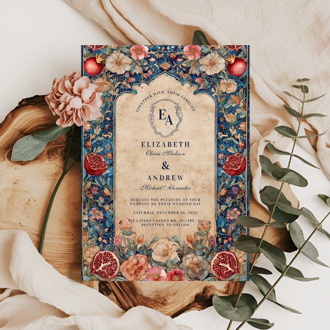 Convite Vintage Pomegranate Botanical Wedding (Criador carregado)
