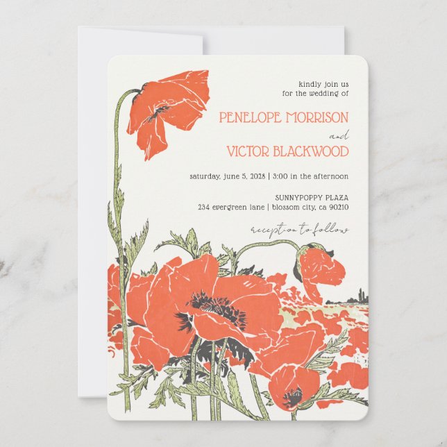 Convite Vintage Poppy Field Letterpress Casamento (Frente)