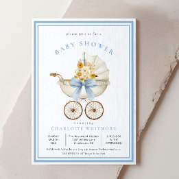 Convite Vintage Pram Baby Shower Sky Blue & Golden Floral