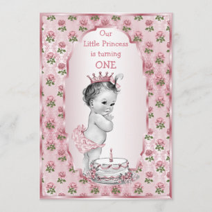 Convite Vintage Princesa Bebê Rosas Rosa primeiro aniversa