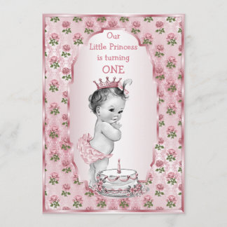 Convite Vintage Princesa Bebê Rosas Rosa primeiro aniversa