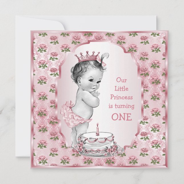 Convite Vintage Princesa Bebê Rosas Rosa primeiro aniversa (Frente)
