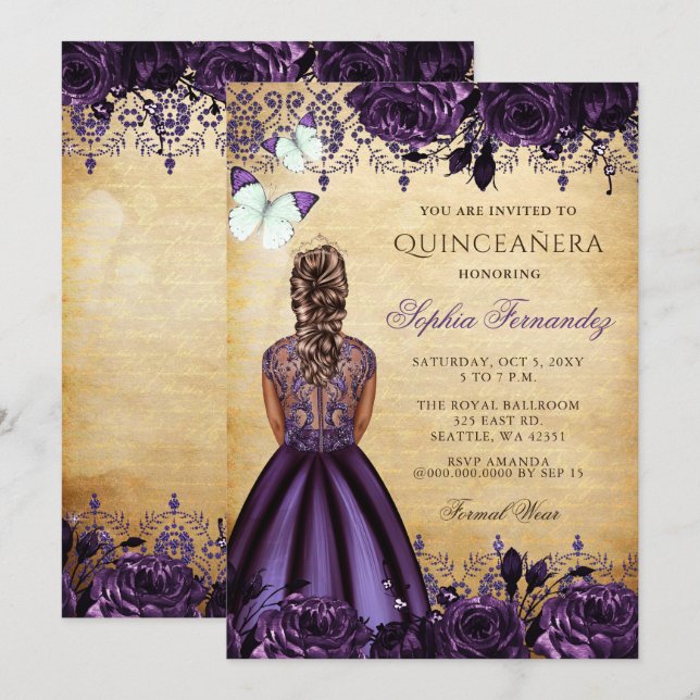 Convite Vintage Princess Purple Butterfly Quinceañera (Frente/Verso)