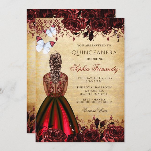 Convite Vintage Princess Red Butterfly Quinceañera (Frente/Verso)
