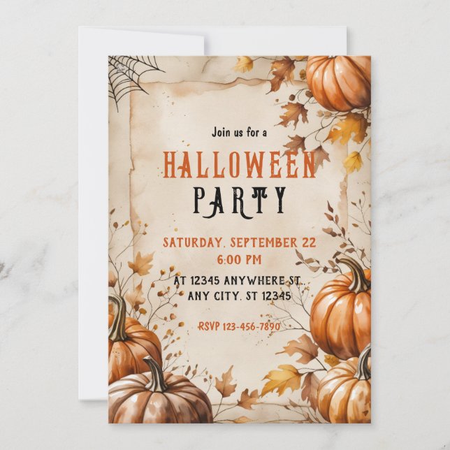 Convite Vintage Pumpkins, Folhas Secas, Festa de Halloween (Frente)