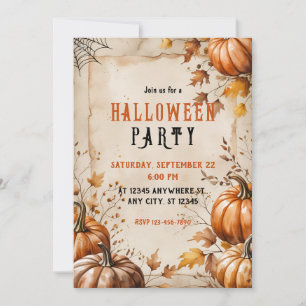 Convite Vintage Pumpkins, Folhas Secas, Festa de Halloween