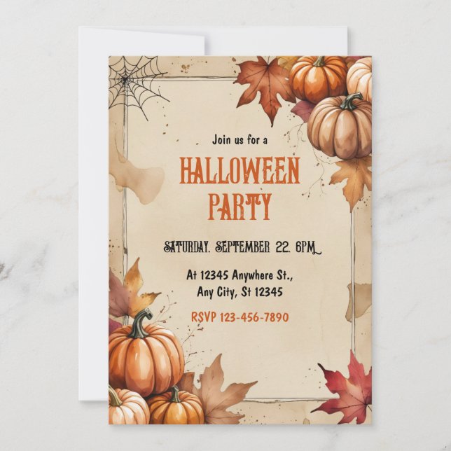 Convite Vintage Pumpkins, Folhas Secas, Festa de Halloween (Frente)