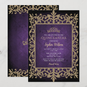 Convite Vintage Purple Dourada Princesa Tiara Quinceañera