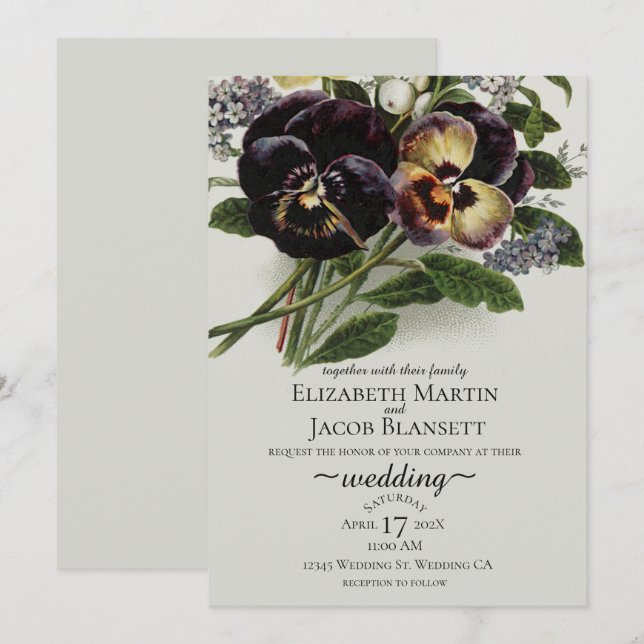 Convite Vintage Purple Pansy Wedding (Frente/Verso)