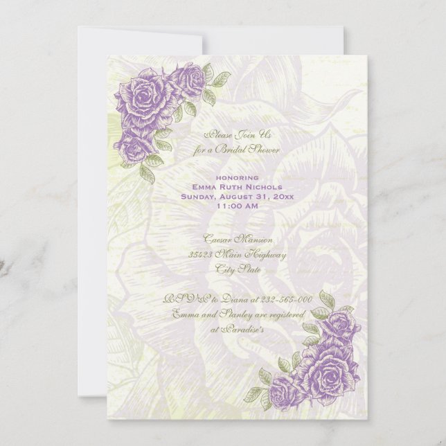 Convite Vintage purple roses wedding bridal shower invite (Frente)