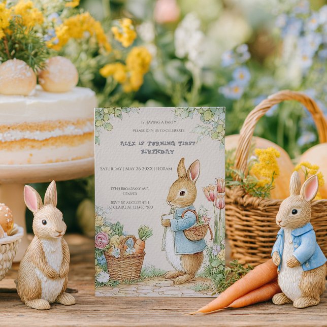 Convite Vintage Rabbit Garden 1st Birthday (Criador carregado)