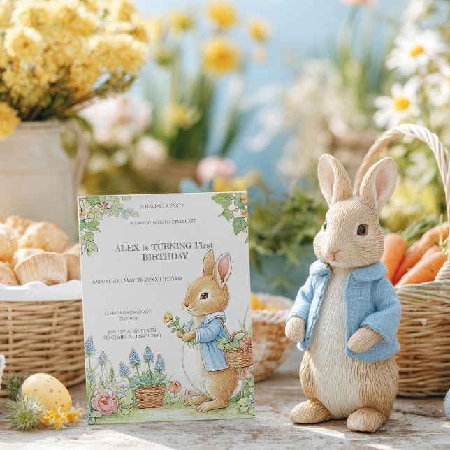 Convite Vintage Rabbit Garden 1st Birthday (Criador carregado)